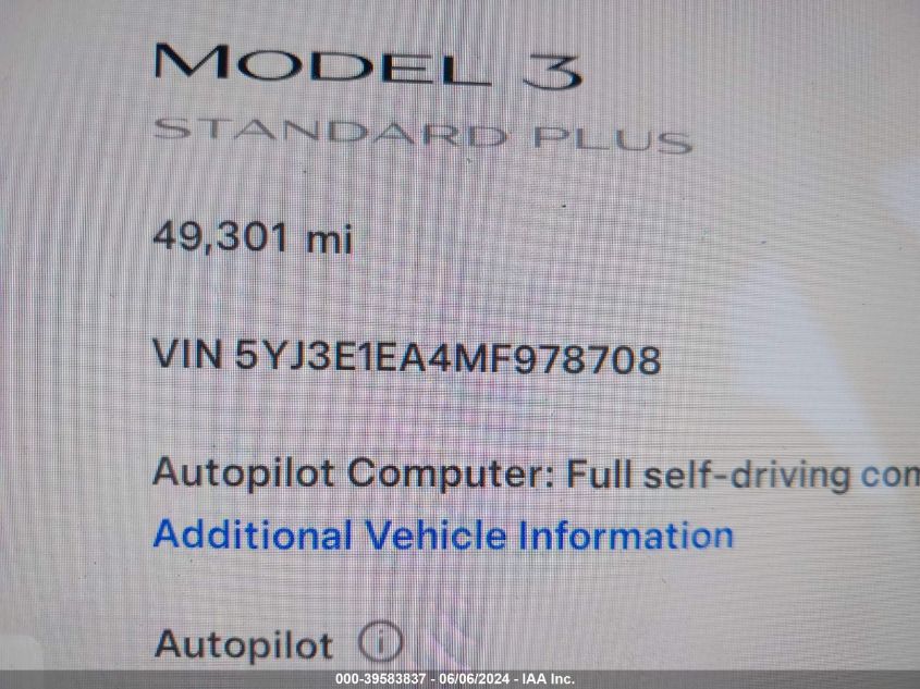 2021 Tesla Model 3 Standard Range Plus Rear-Wheel Drive VIN: 5YJ3E1EA4MF978708 Lot: 39583837