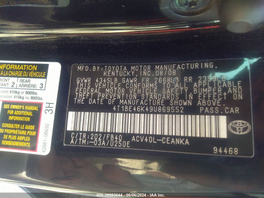 2009 Toyota Camry VIN: 4T1BE46K49U869552 Lot: 39583844