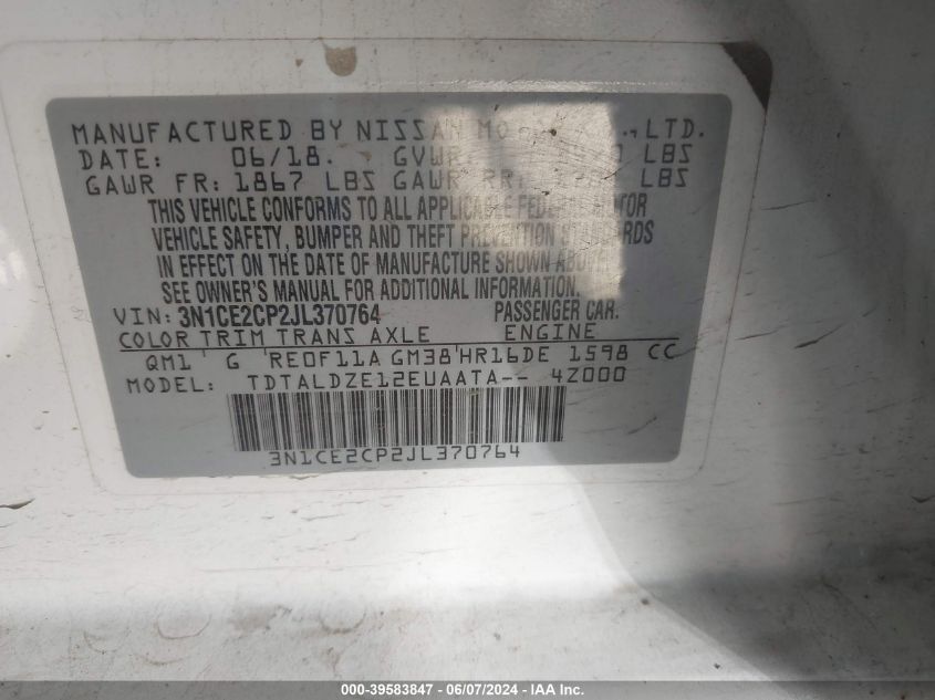 2018 Nissan Versa Note Sv VIN: 3N1CE2CP2JL370764 Lot: 39583847