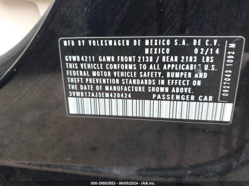 2014 Volkswagen Jetta 1.8T Se VIN: 3VWB17AJ3EM420424 Lot: 39583853