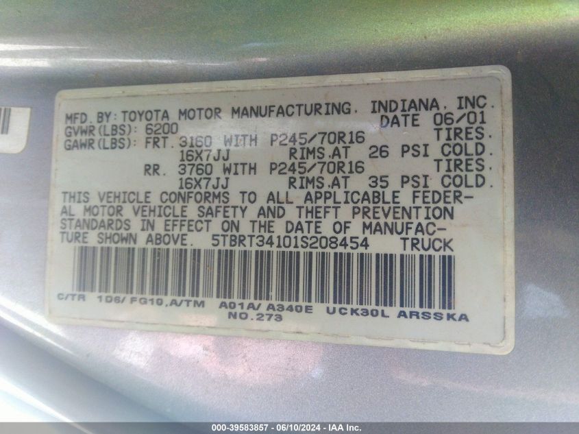 2001 Toyota Tundra Sr5 V8 VIN: 5TBRT34101S208454 Lot: 39583857