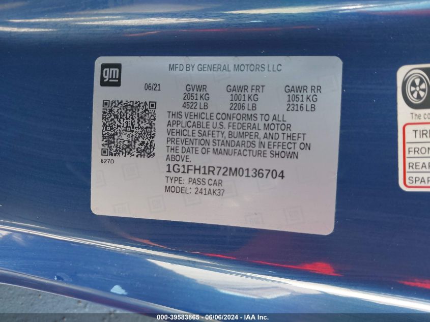 2021 Chevrolet Camaro Rwd 2Ss VIN: 1G1FH1R72M0136704 Lot: 39583865