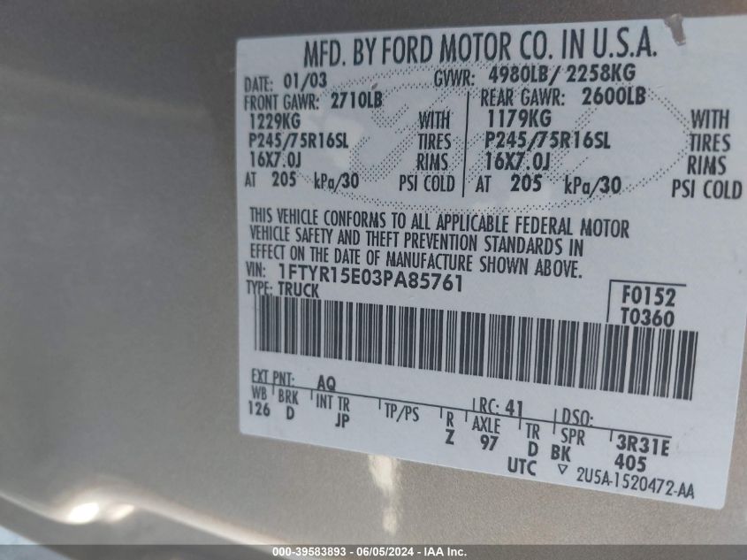 2003 Ford Ranger Xlt VIN: 1FTYR15E03PA85761 Lot: 39583893