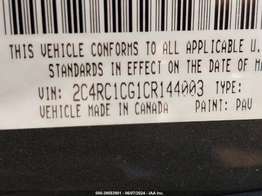 2012 Chrysler Town & Country Touring-L VIN: 2C4RC1CG1CR144003 Lot: 39583901