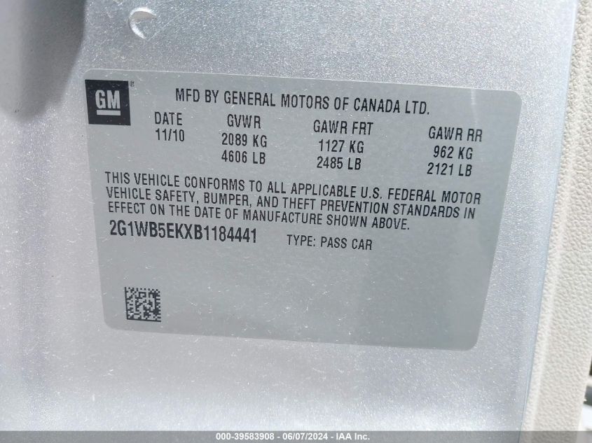 2011 Chevrolet Impala Lt VIN: 2G1WB5EKXB1184441 Lot: 39583908