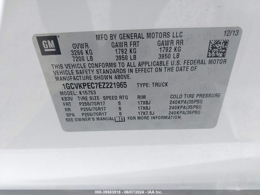 2014 Chevrolet Silverado 1500 Work Truck 1Wt VIN: 1GCVKPEC7EZ221965 Lot: 39583918