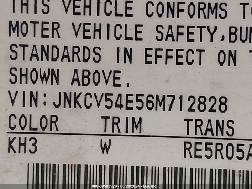 2006 Infiniti G35 VIN: JNKCV54E56M712828 Lot: 39583929