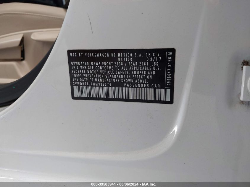 2017 Volkswagen Jetta 1.4T Se VIN: 3VWDB7AJ6HM338374 Lot: 39583941