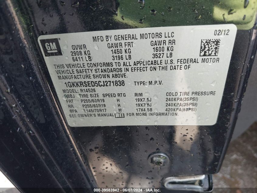 2012 GMC Acadia Slt-2 VIN: 1GKKRSED5CJ271838 Lot: 39583942