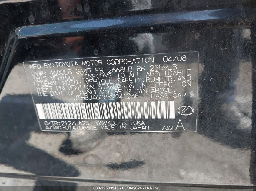 2008 Lexus Es 350 VIN: JTHBJ46G882241238 Lot: 39583946