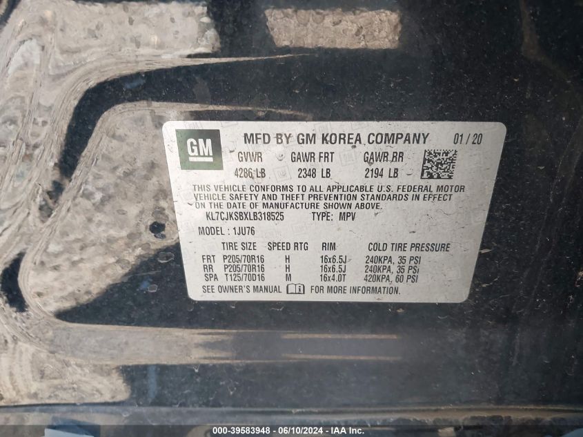 2020 Chevrolet Trax Fwd Ls VIN: KL7CJKSBXLB318525 Lot: 39583948