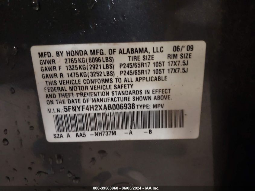 2010 Honda Pilot Lx VIN: 5FNYF4H2XAB006938 Lot: 39583960