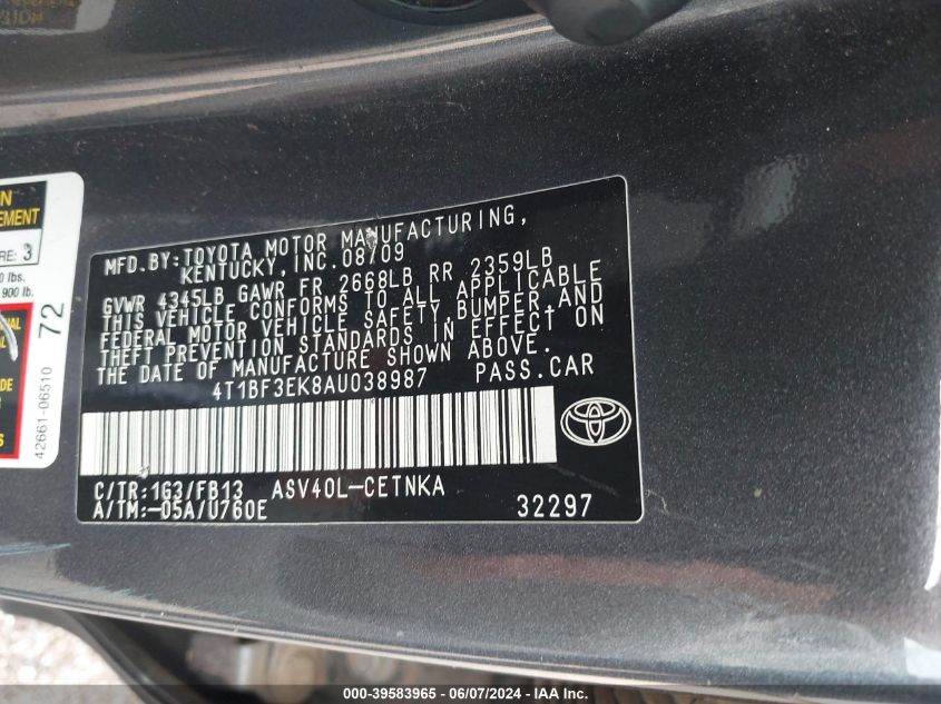 2010 Toyota Camry Le VIN: 4T1BF3EK8AU038987 Lot: 39583965