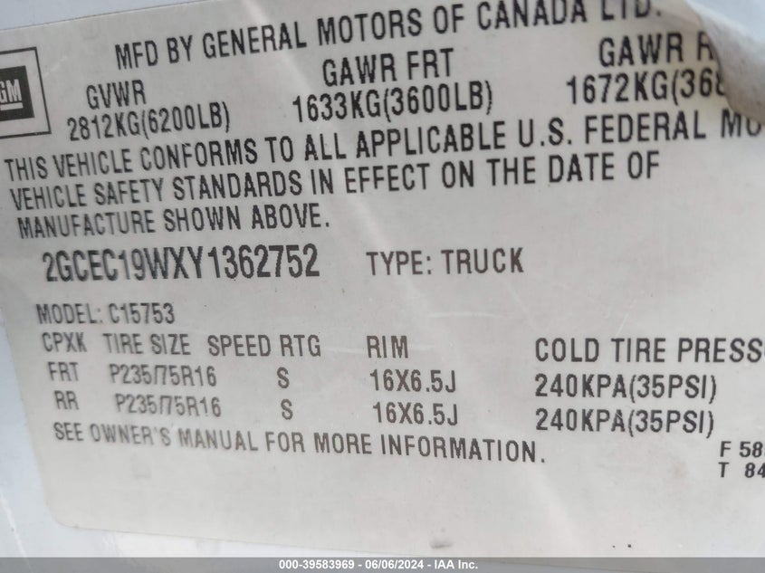 2000 Chevrolet Silverado 1500 VIN: 2GCEC19WXY1362752 Lot: 39583969