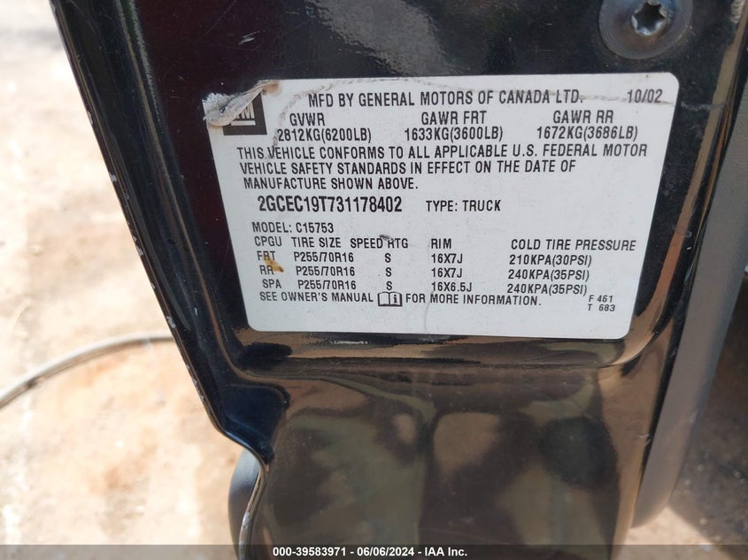 2003 Chevrolet Silverado 1500 Ls VIN: 2GCEC19T731178402 Lot: 39583971