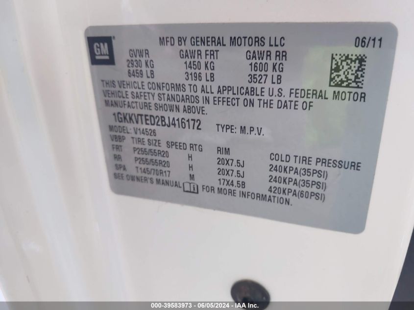 2011 GMC Acadia Denali VIN: 1GKKVTED2BJ416172 Lot: 39583973