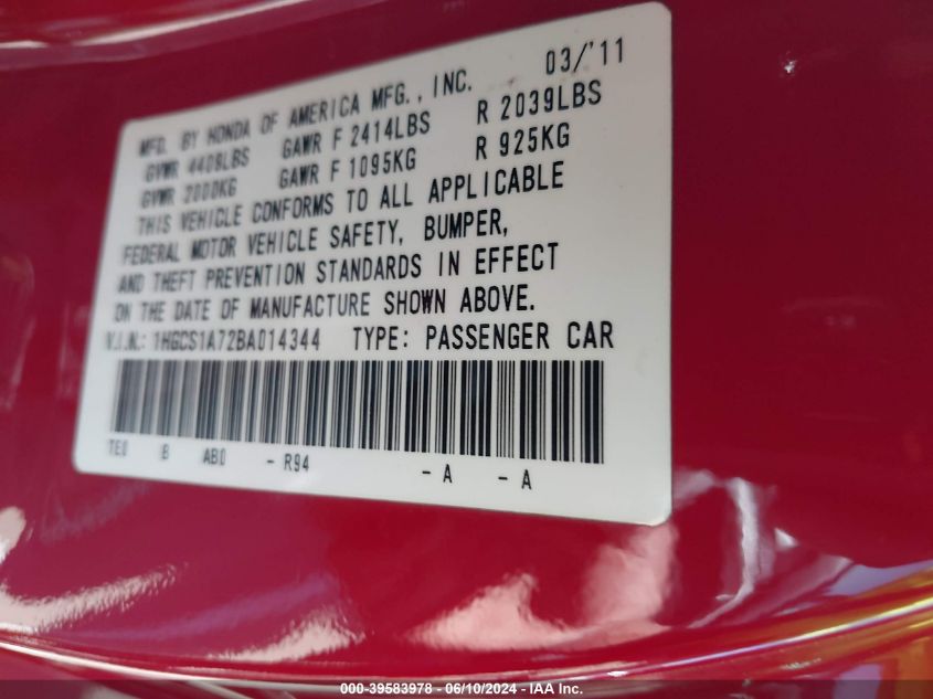 2011 Honda Accord 2.4 Ex VIN: 1HGCS1A72BA014344 Lot: 39583978
