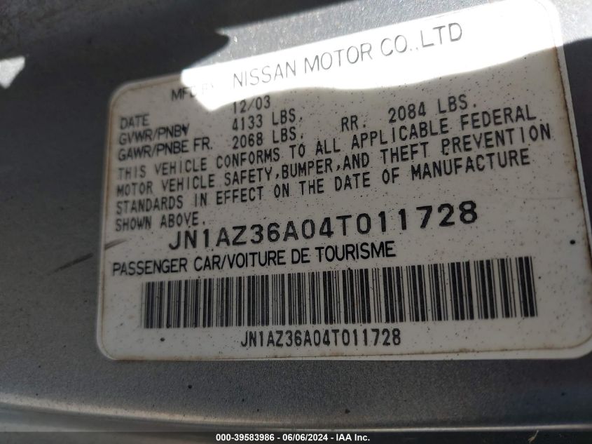 2004 Nissan 350Z Touring VIN: JN1AZ36A04T011728 Lot: 39583986
