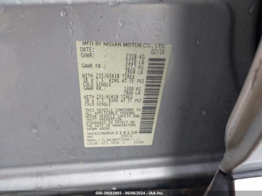 2016 Nissan Murano Platinum/S/Sl/Sv VIN: 5N1AZ2MG8GN114138 Lot: 39583993
