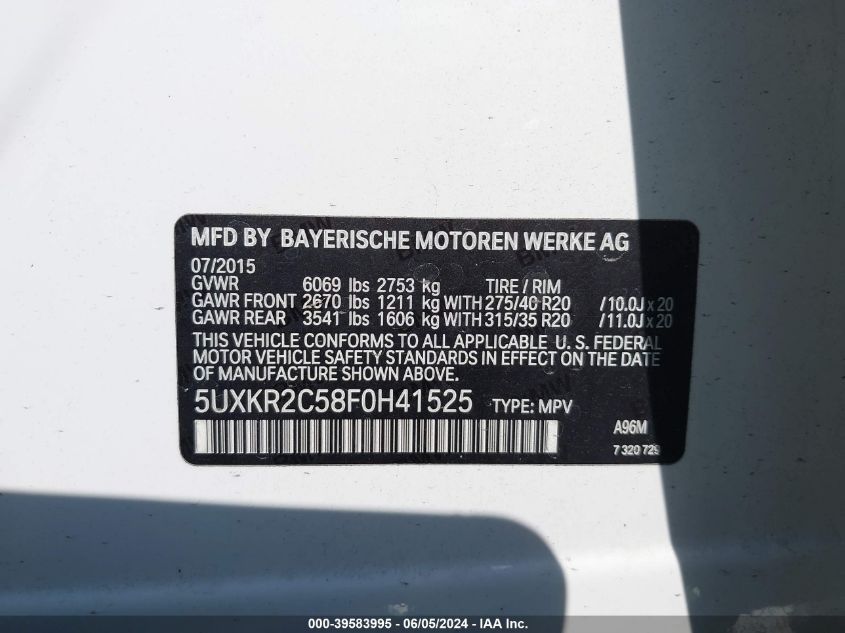 2015 BMW X5 Sdrive35I VIN: 5UXKR2C58F0H41525 Lot: 39583995