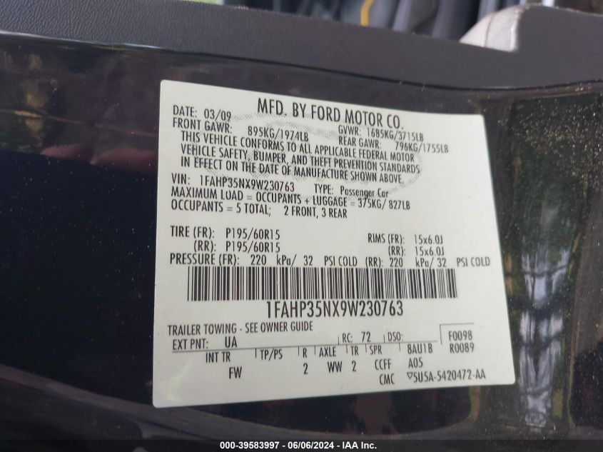 2009 Ford Focus Se VIN: 1FAHP35NX9W230763 Lot: 39583997