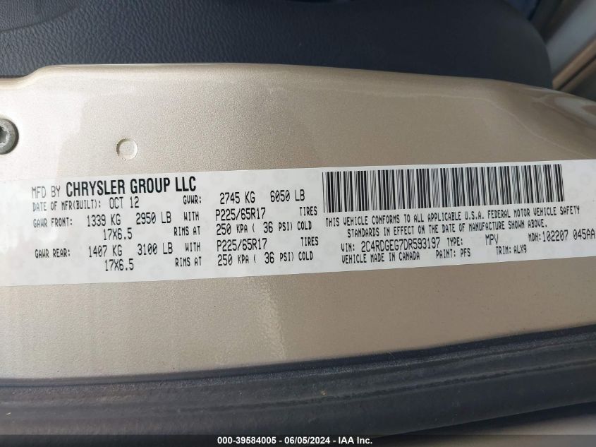 2013 Dodge Grand Caravan R/T VIN: 2C4RDGEG7DR593197 Lot: 39584005