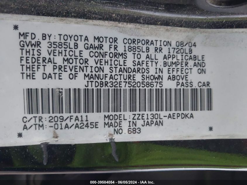 2005 Toyota Corolla Ce VIN: JTDBR32E752058675 Lot: 39584054