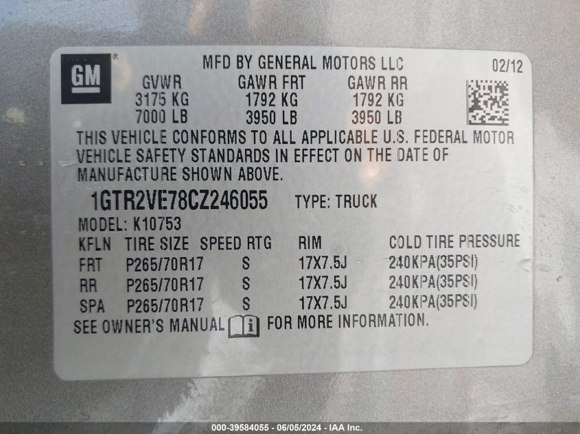 2012 GMC Sierra 1500 Sle VIN: 1GTR2VE78CZ246055 Lot: 39584055