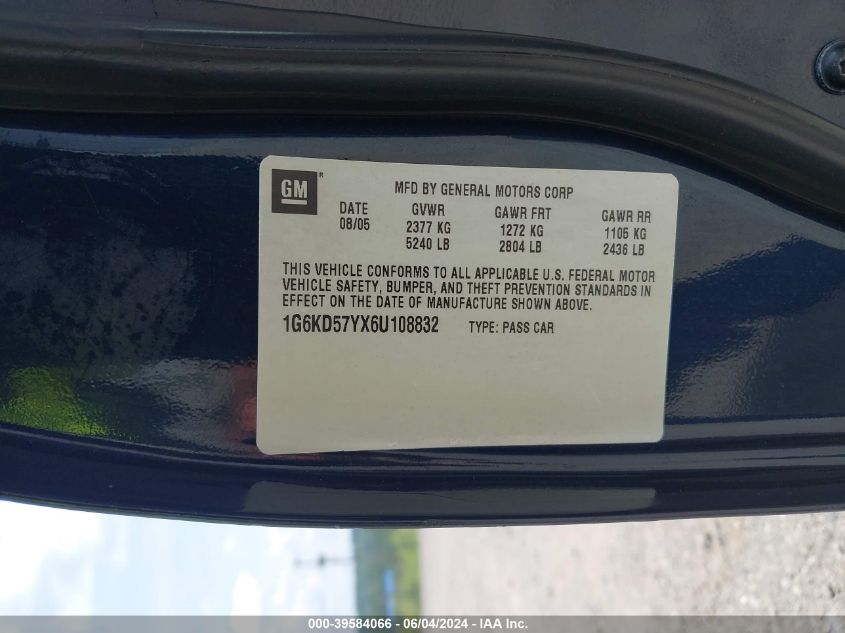 2006 Cadillac Dts Standard VIN: 1G6KD57YX6U108832 Lot: 39584066