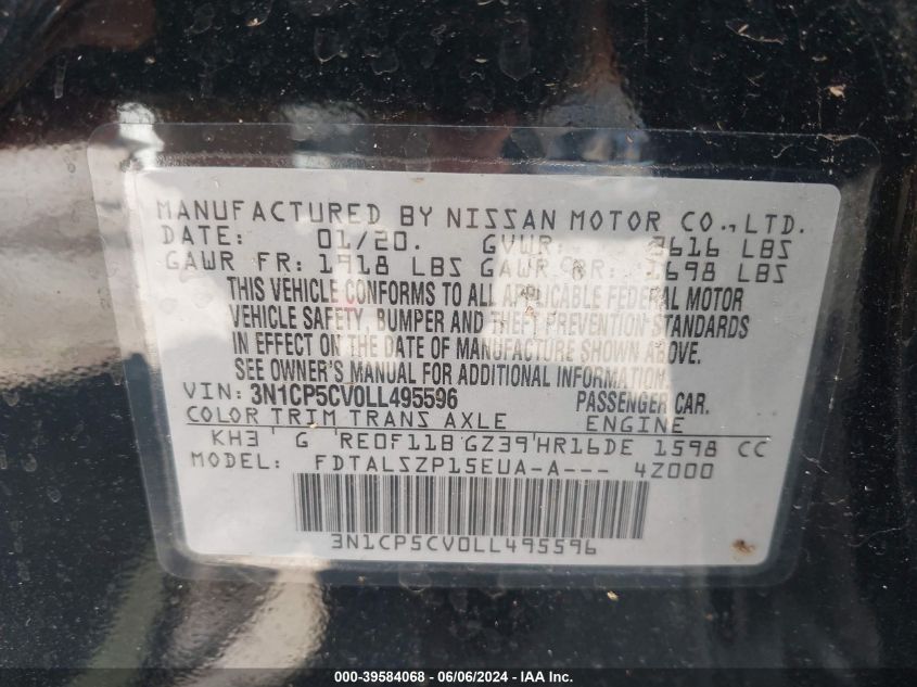 2020 Nissan Kicks Sv Xtronic Cvt VIN: 3N1CP5CV0LL495596 Lot: 39584068