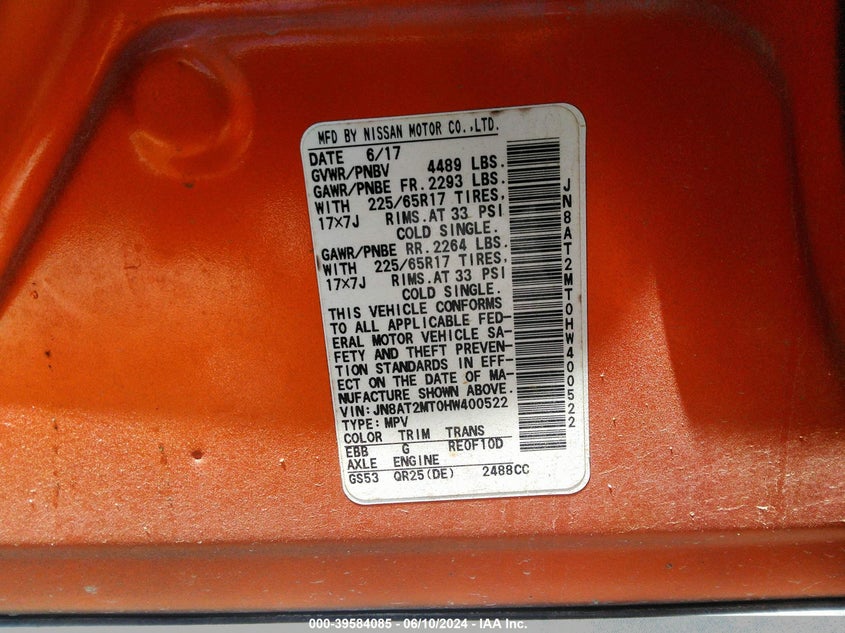 2017 Nissan Rogue S VIN: JN8AT2MT0HW400522 Lot: 39584085