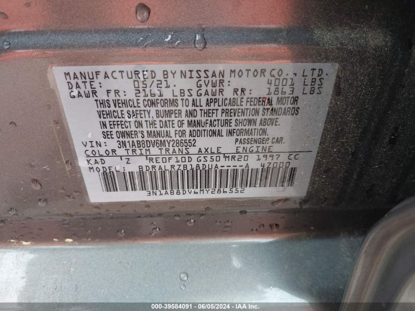 2021 Nissan Sentra Sr Xtronic Cvt VIN: 3N1AB8DV6MY286552 Lot: 39584091