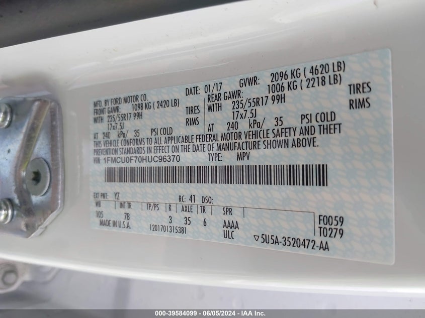 2017 Ford Escape S VIN: 1FMCU0F70HUC96370 Lot: 39584099