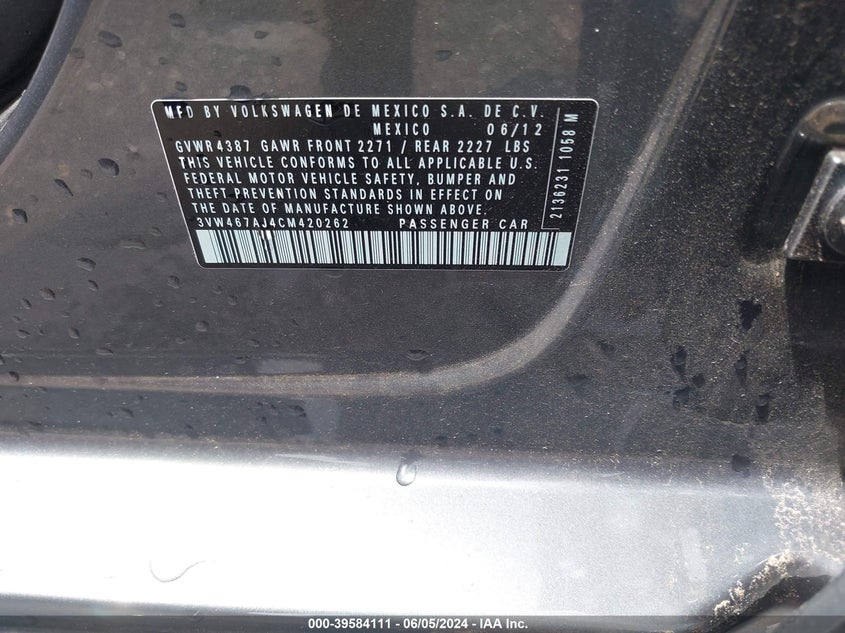2012 Volkswagen Jetta Gli VIN: 3VW467AJ4CM420262 Lot: 39584111