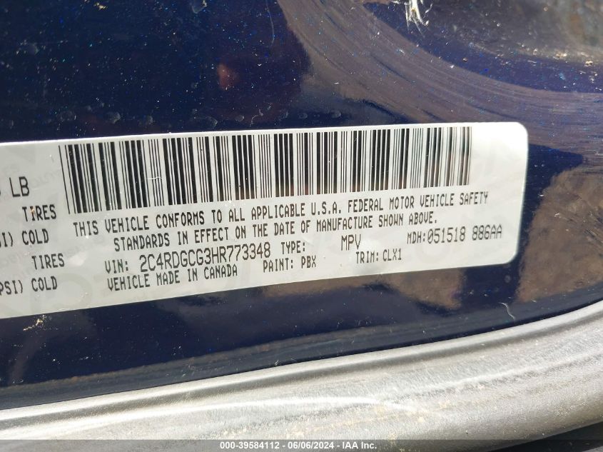 2017 Dodge Grand Caravan Sxt VIN: 2C4RDGCG3HR773348 Lot: 39584112