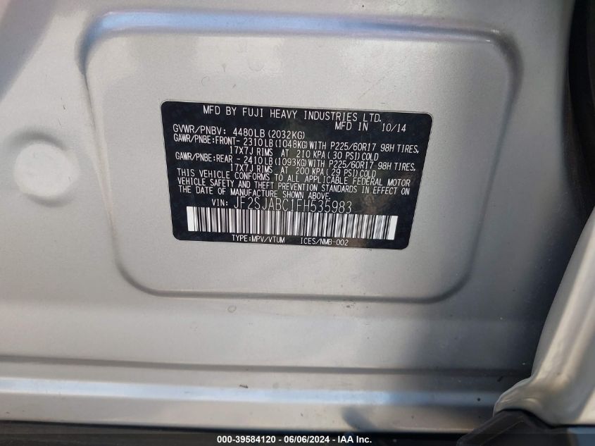 2015 Subaru Forester 2.5I VIN: JF2SJABC1FH535983 Lot: 39584120