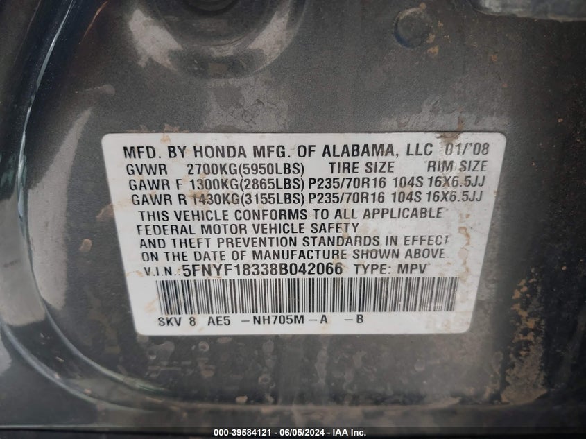 2008 Honda Pilot Se VIN: 5FNYF18338B042066 Lot: 39584121