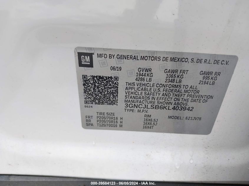 2019 Chevrolet Trax Lt VIN: 3GNCJLSB6KL403942 Lot: 39584123