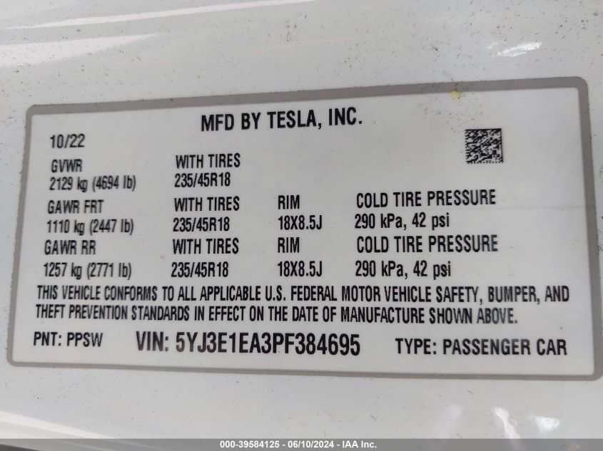 2023 Tesla Model 3 Rear-Wheel Drive VIN: 5YJ3E1EA3PF384695 Lot: 39584125