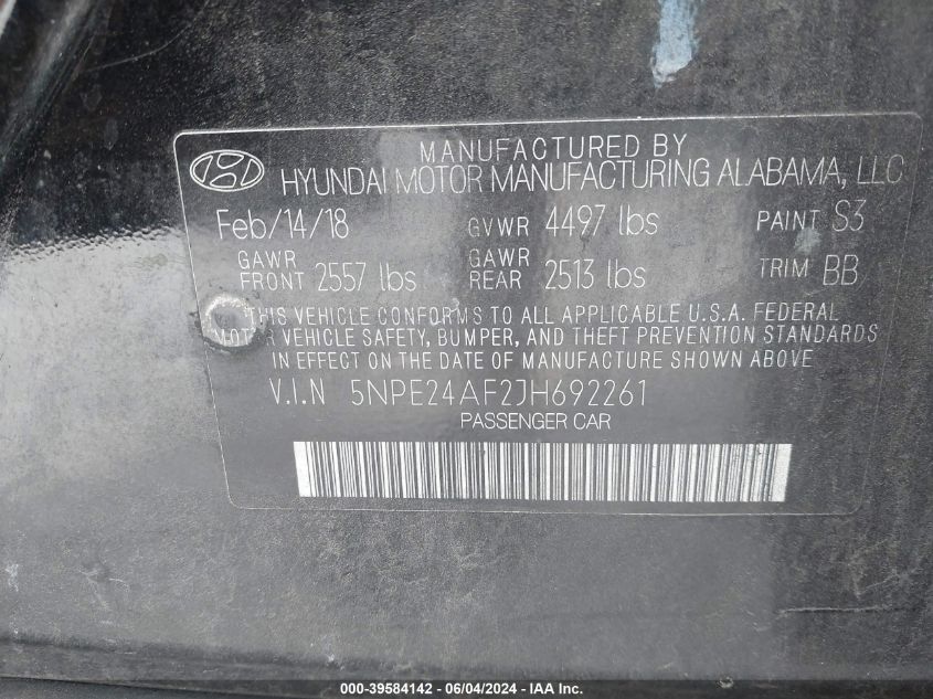 2018 Hyundai Sonata Se VIN: 5NPE24AF2JH692261 Lot: 39584142