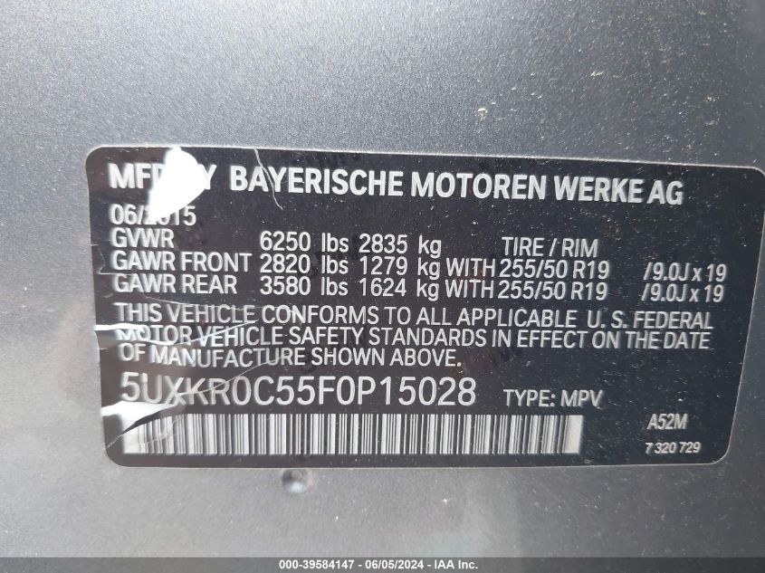 2015 BMW X5 xDrive35I VIN: 5UXKR0C55F0P15028 Lot: 39584147
