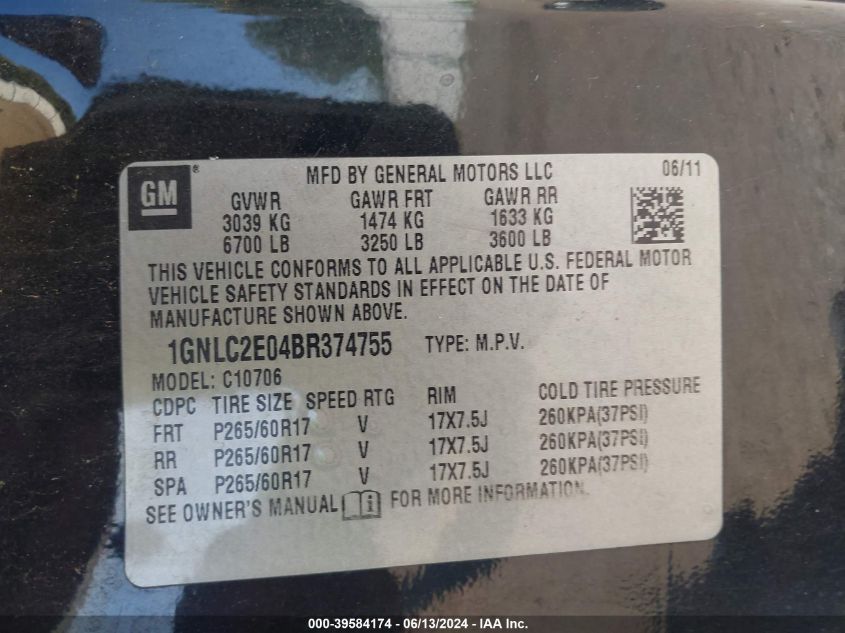 2011 Chevrolet Tahoe Commercial VIN: 1GNLC2E04BR374755 Lot: 39584174