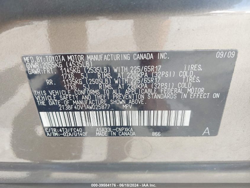 2010 Toyota Rav4 VIN: 2T3BF4DV1AW025877 Lot: 39584176