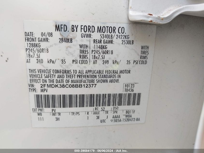 2008 Ford Edge Sel VIN: 2FMDK38C08BB12377 Lot: 39584179