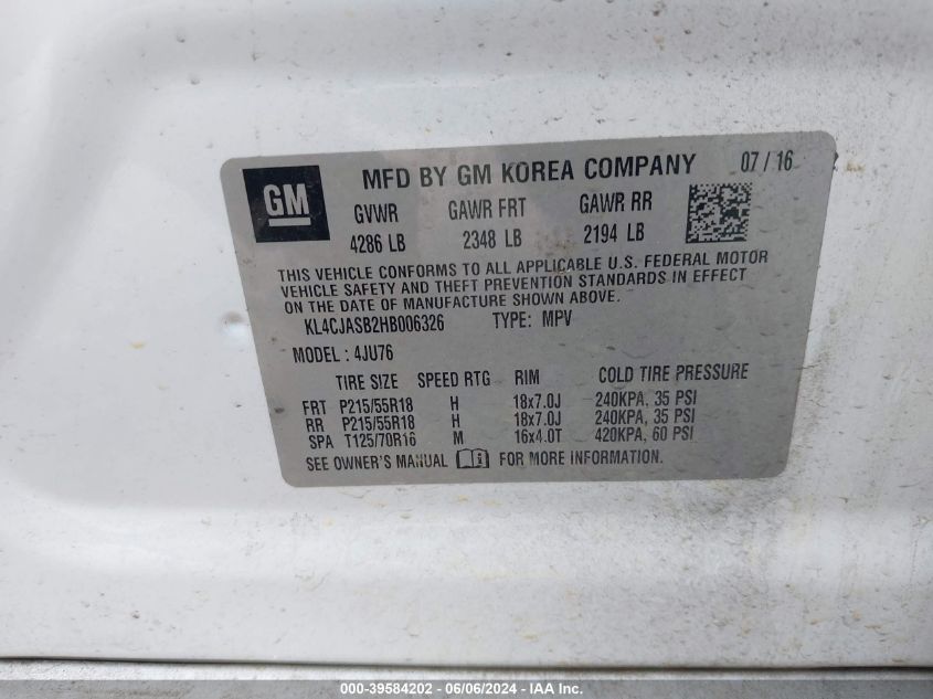 2017 Buick Encore Preferred VIN: KL4CJASB2HB006326 Lot: 39584202