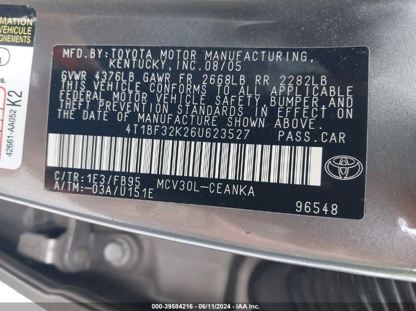 4T1BF32K26U623527 2006 Toyota Camry Le V6/Xle V6