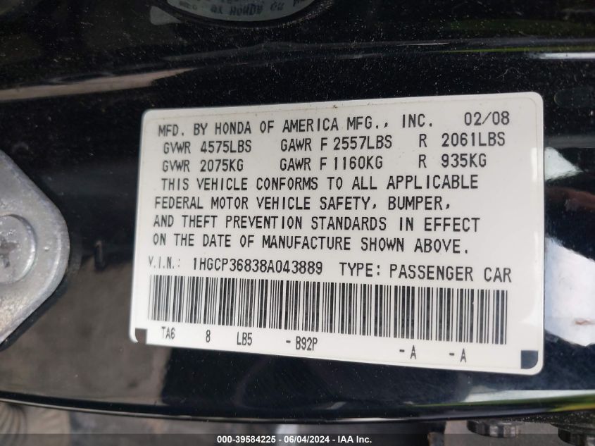 1HGCP36838A043889 | 2008 HONDA ACCORD