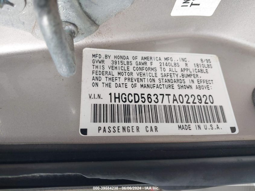 1996 Honda Accord Lx/Ex VIN: 1HGCD5637TA022920 Lot: 39584238