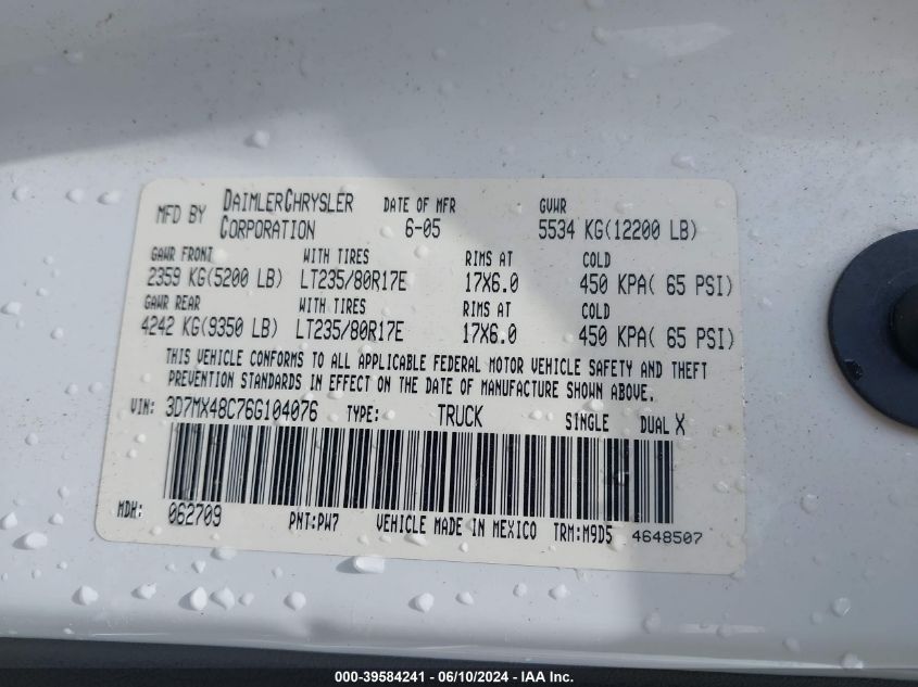 2006 Dodge Ram 3500 Slt/Sport VIN: 3D7MX48C76G104076 Lot: 39584241