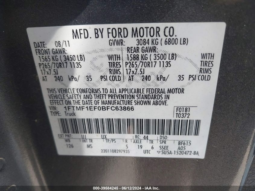 2011 Ford F-150 Xlt VIN: 1FTMF1EF0BFC63866 Lot: 39584245